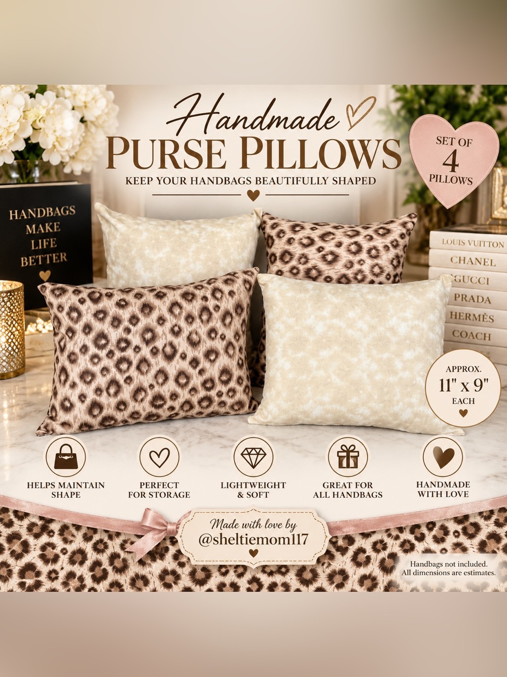 Handmade Purse Pillows Set of 4 | Leopard & Neutral